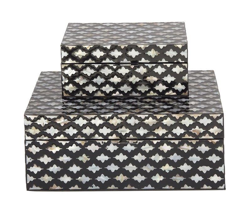 Deco 79 Mother of Pearl Shell Decorative Box Decorative Keepsake Boxes with Hinged Lid, Set of 2 Storage Boxes 12", 8"W, Black - Image 1